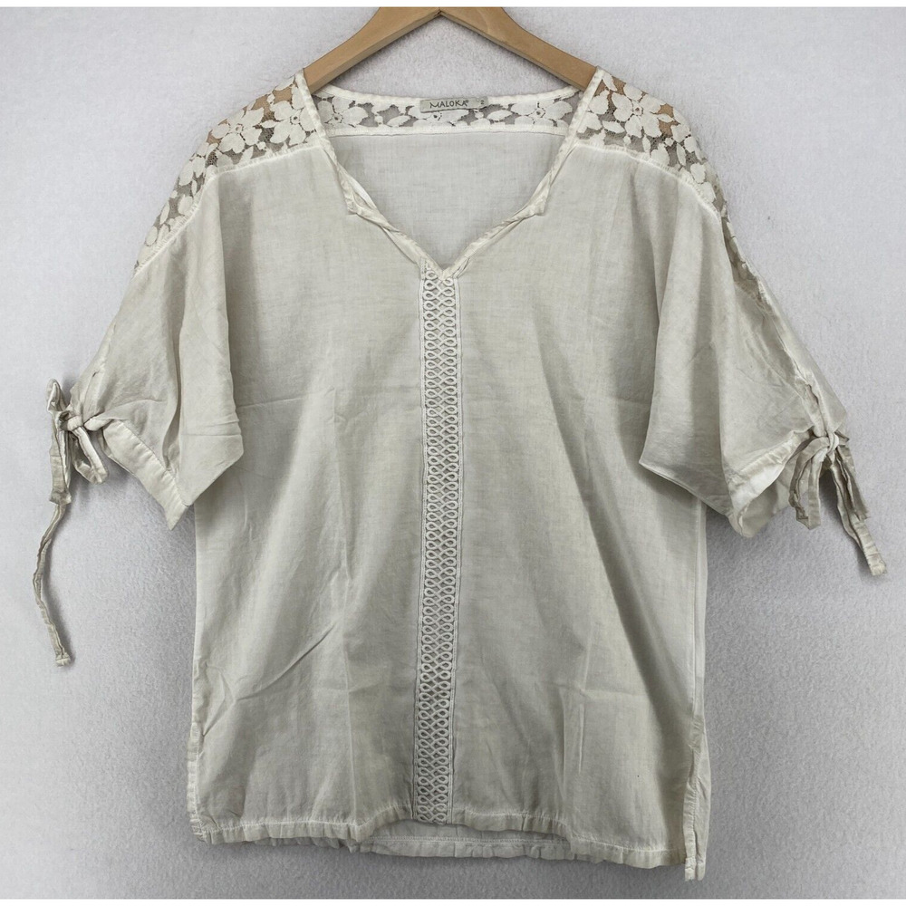 MALOKA Blouse 2 M Lace Trim Printed Embroidered Split Neck Tie Cuff Off White